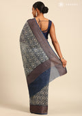 Indigo Floral Parrot Printed Chanderi Saree - Taashi