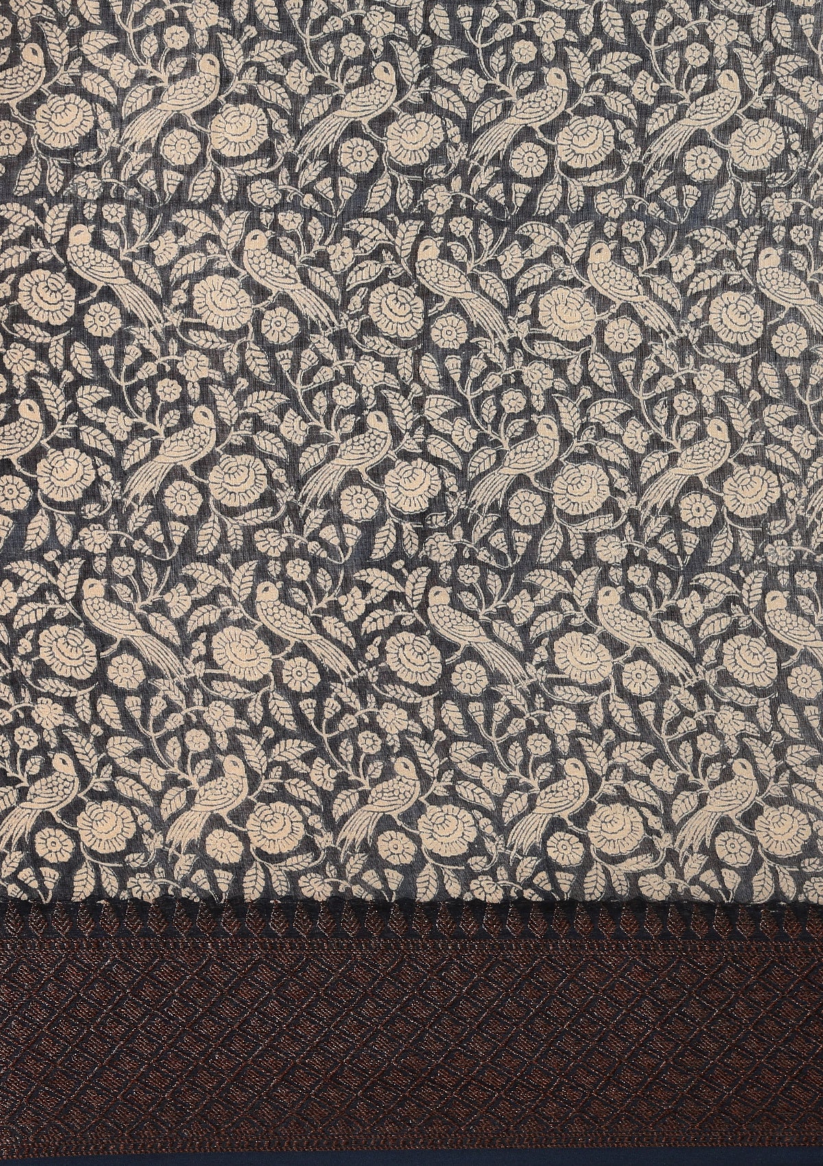 Indigo Floral Parrot Printed Chanderi Saree - Taashi