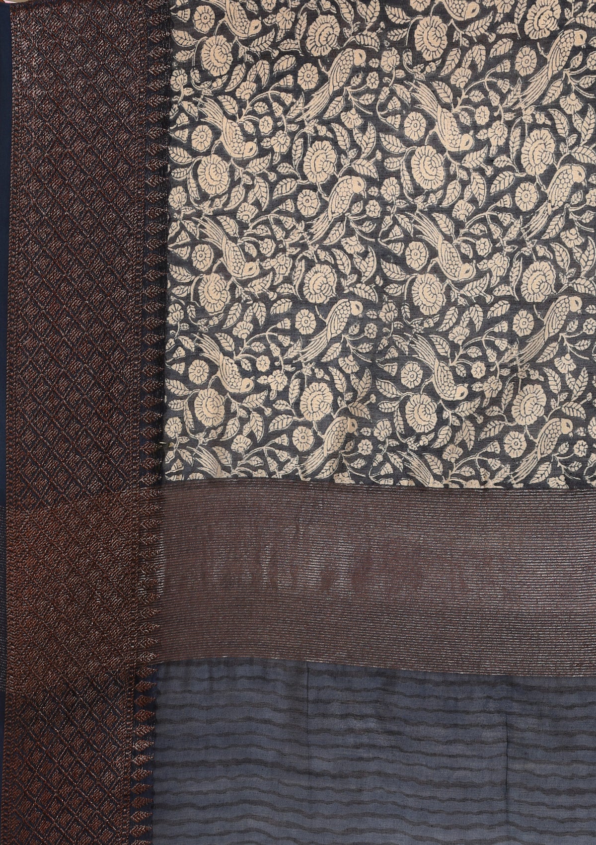 Indigo Floral Parrot Printed Chanderi Saree - Taashi