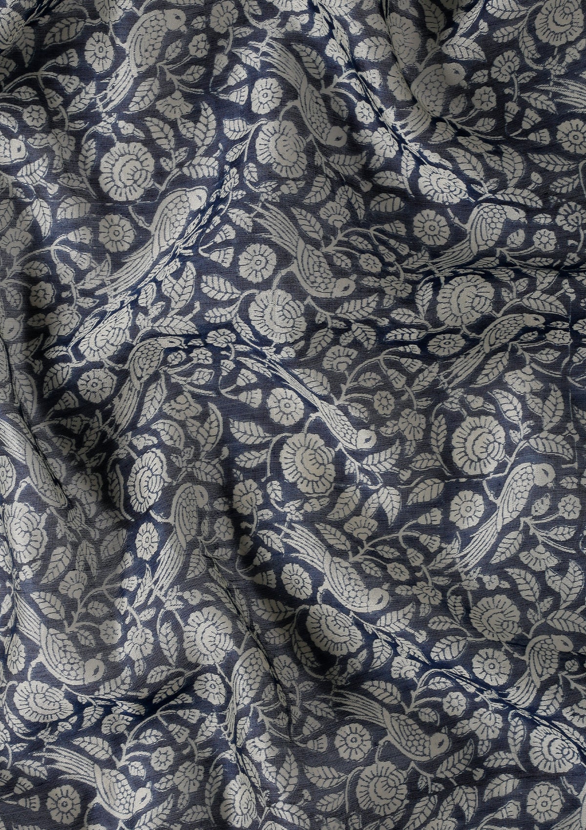 Indigo Floral Parrot Printed Chanderi Saree - Taashi