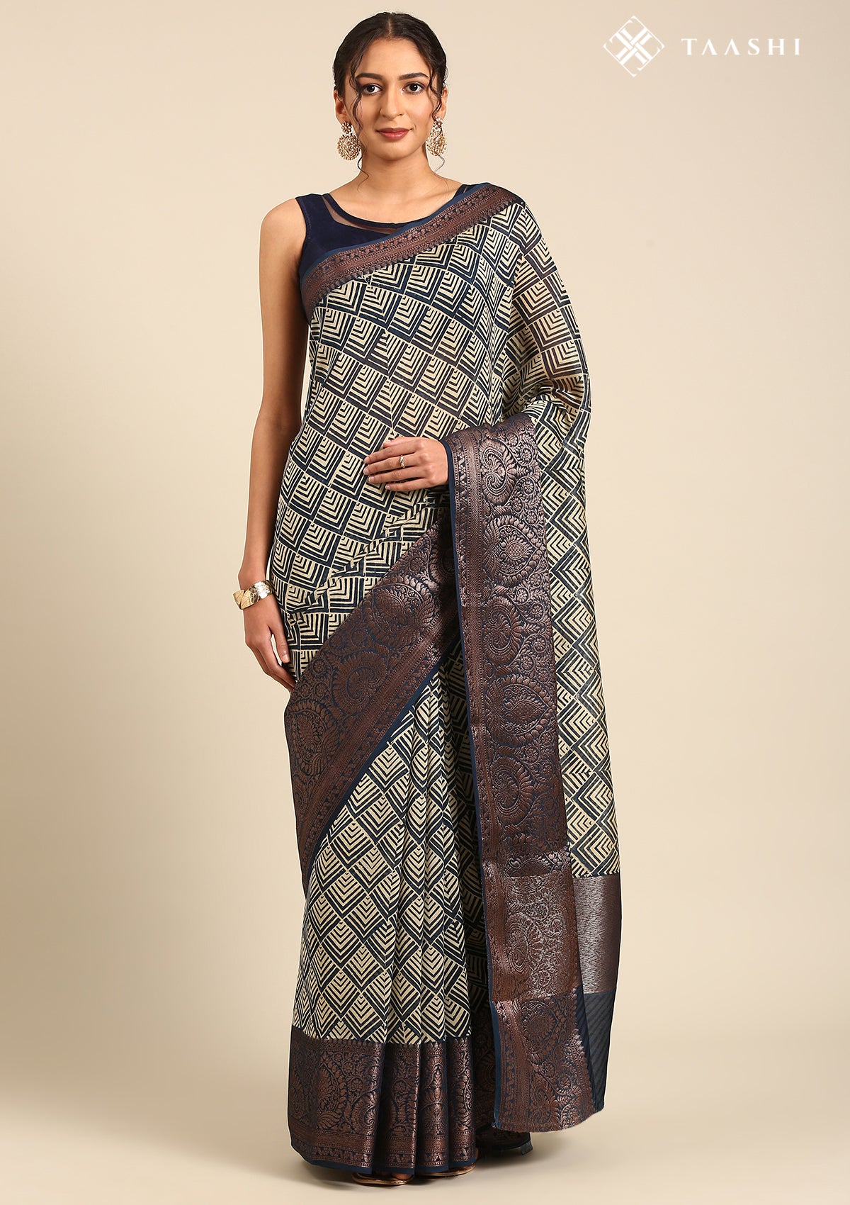 Indigo Optical Illusion Printed Chanderi Saree