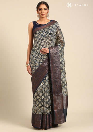 Indigo Optical Illusion Printed Chanderi Saree
