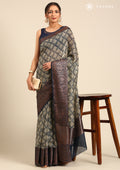 Indigo Optical Illusion Printed Chanderi Saree - Taashi