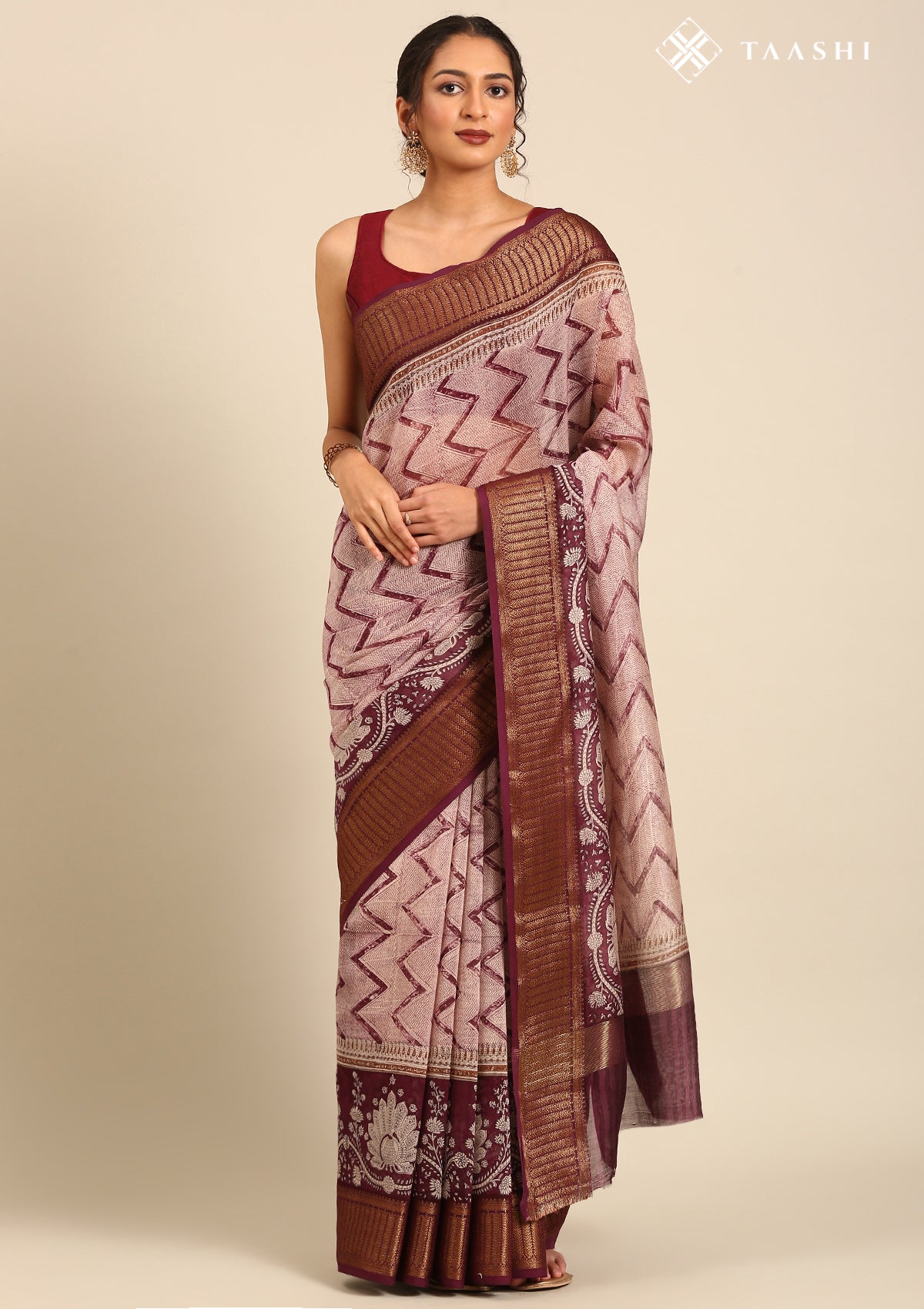 Dark Purple Zigzag And Peacock Printed Chanderi Saree