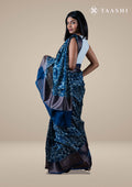 Indigo Floral Printed Chanderi Saree - Taashi