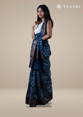 Indigo Floral Printed Chanderi Saree - Taashi