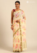 Pastel Yellow Watercolor Floral Printed With Mukesh Work Chiffon SareeÂ  - Taashi