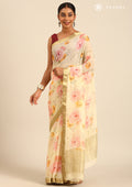 Pastel Yellow Watercolor Floral Printed With Mukesh Work Chiffon SareeÂ  - Taashi