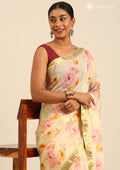 Pastel Yellow Watercolor Floral Printed With Mukesh Work Chiffon SareeÂ  - Taashi