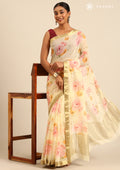 Pastel Yellow Watercolor Floral Printed With Mukesh Work Chiffon SareeÂ  - Taashi