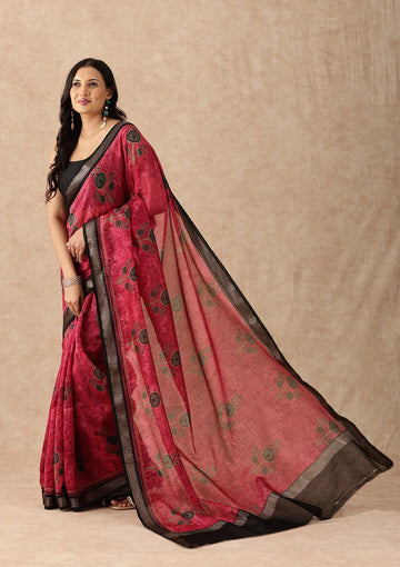 Red Contemporary Printed Chanderi Saree