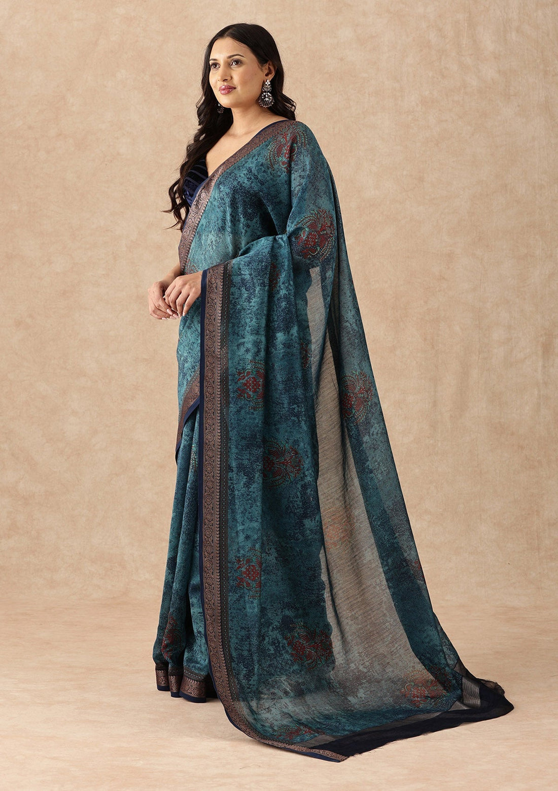 Dusty Blue Contemporary Printed Chanderi Saree