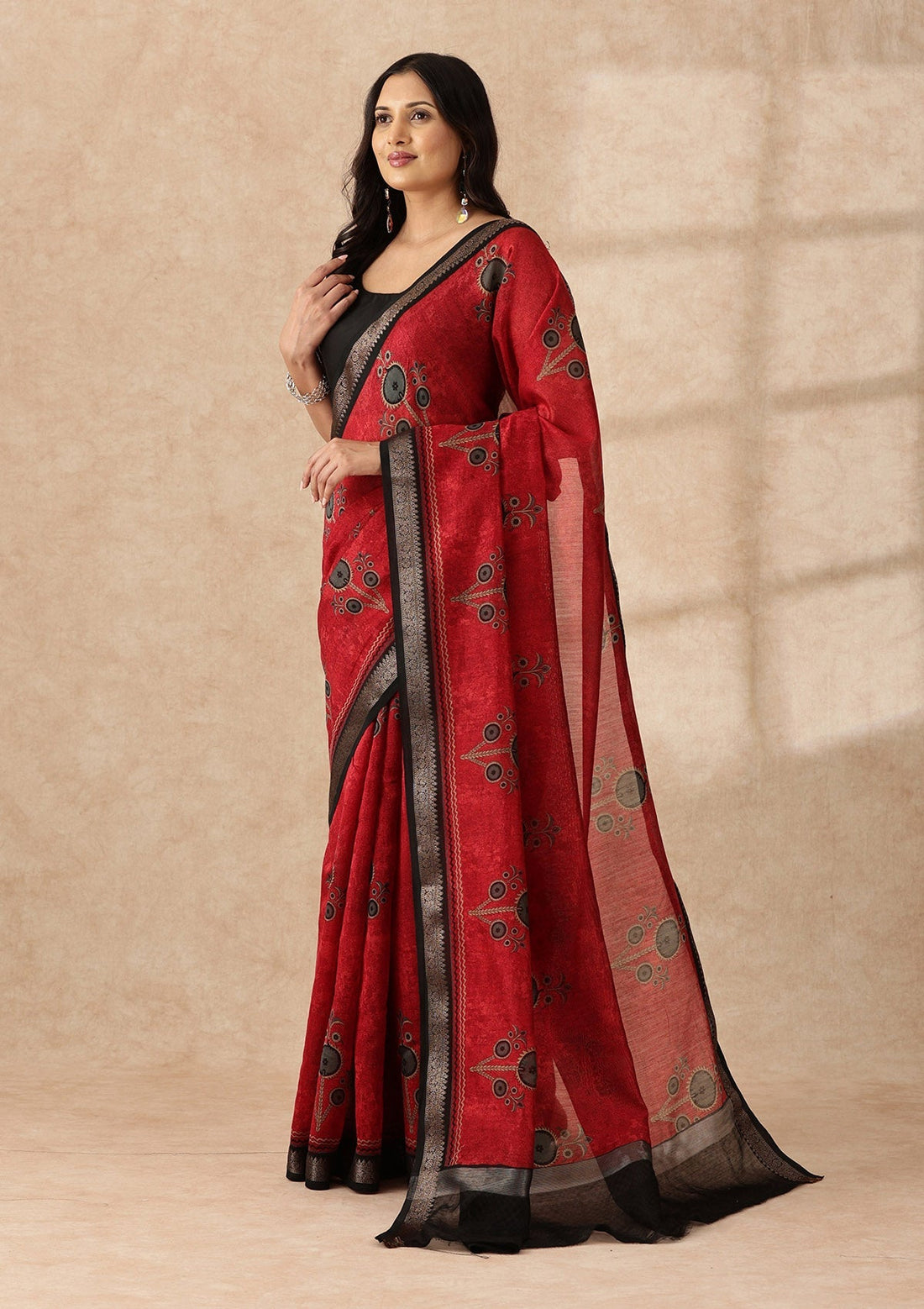 Red Contemporary Printed Chanderi Saree