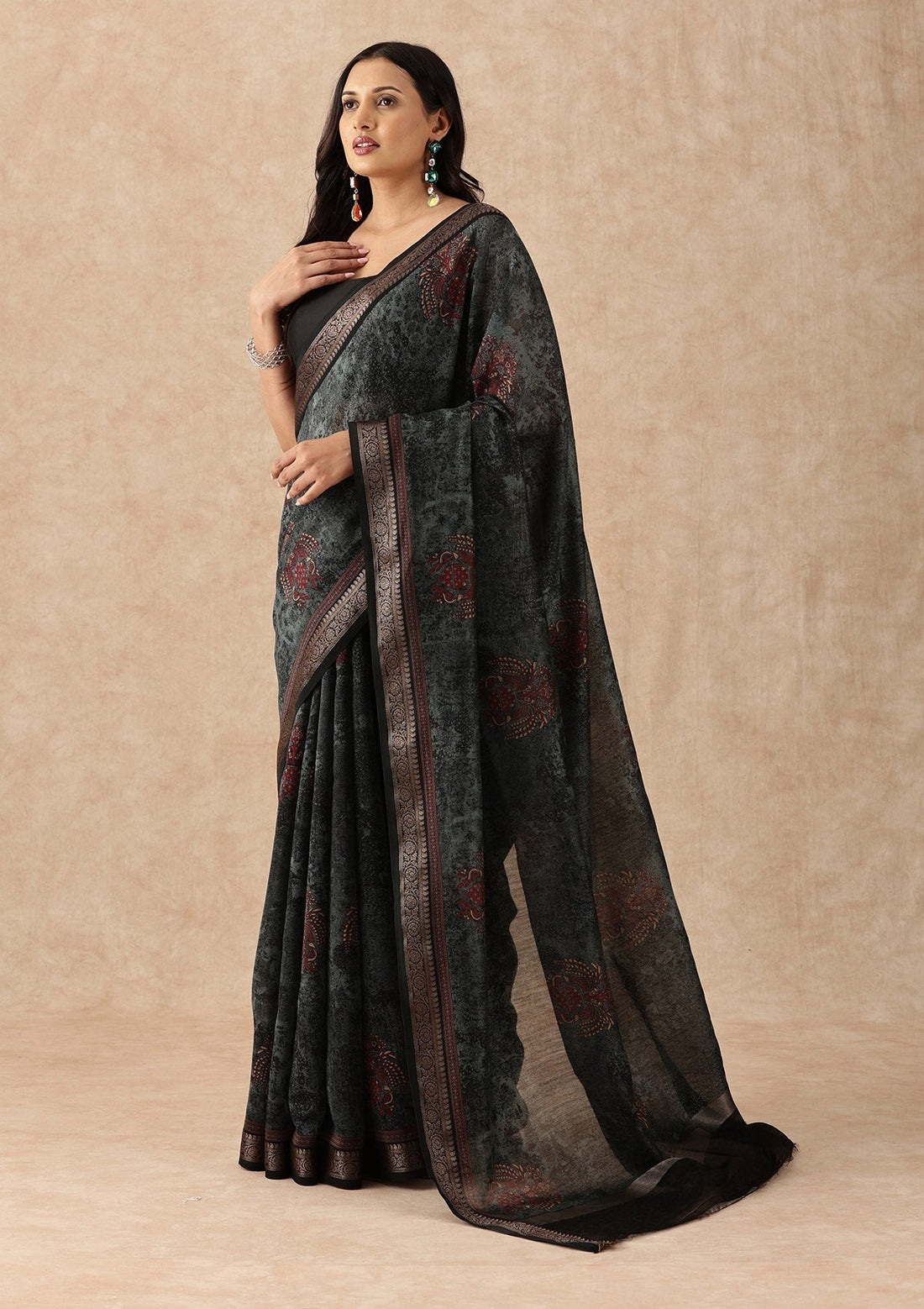 Dark Grey Contemporary Printed Chanderi Saree