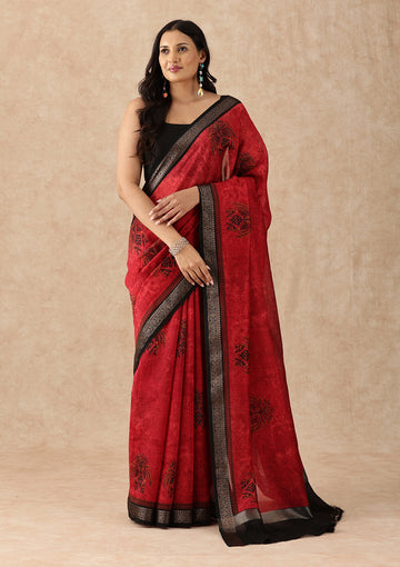 Red Contemporary Printed Chanderi Saree