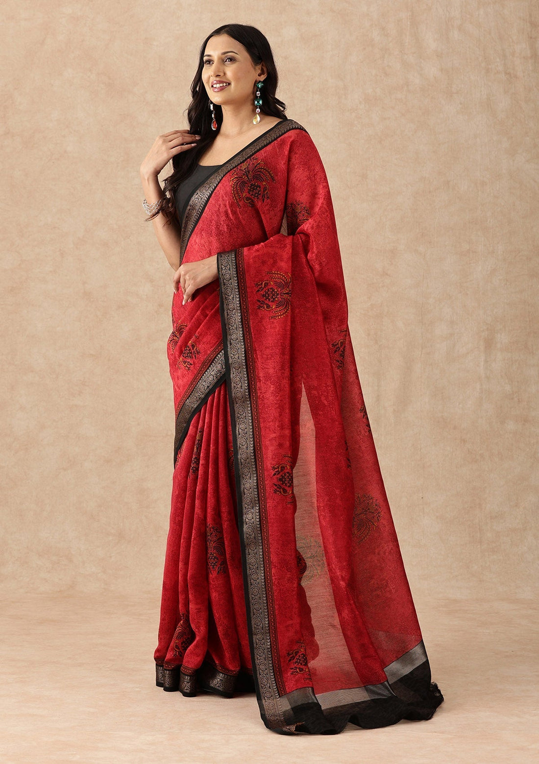 Red Contemporary Printed Chanderi Saree