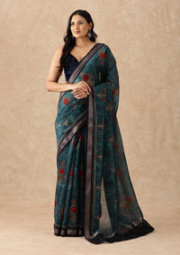 Dusty Blue Contemporary Printed Chanderi Saree