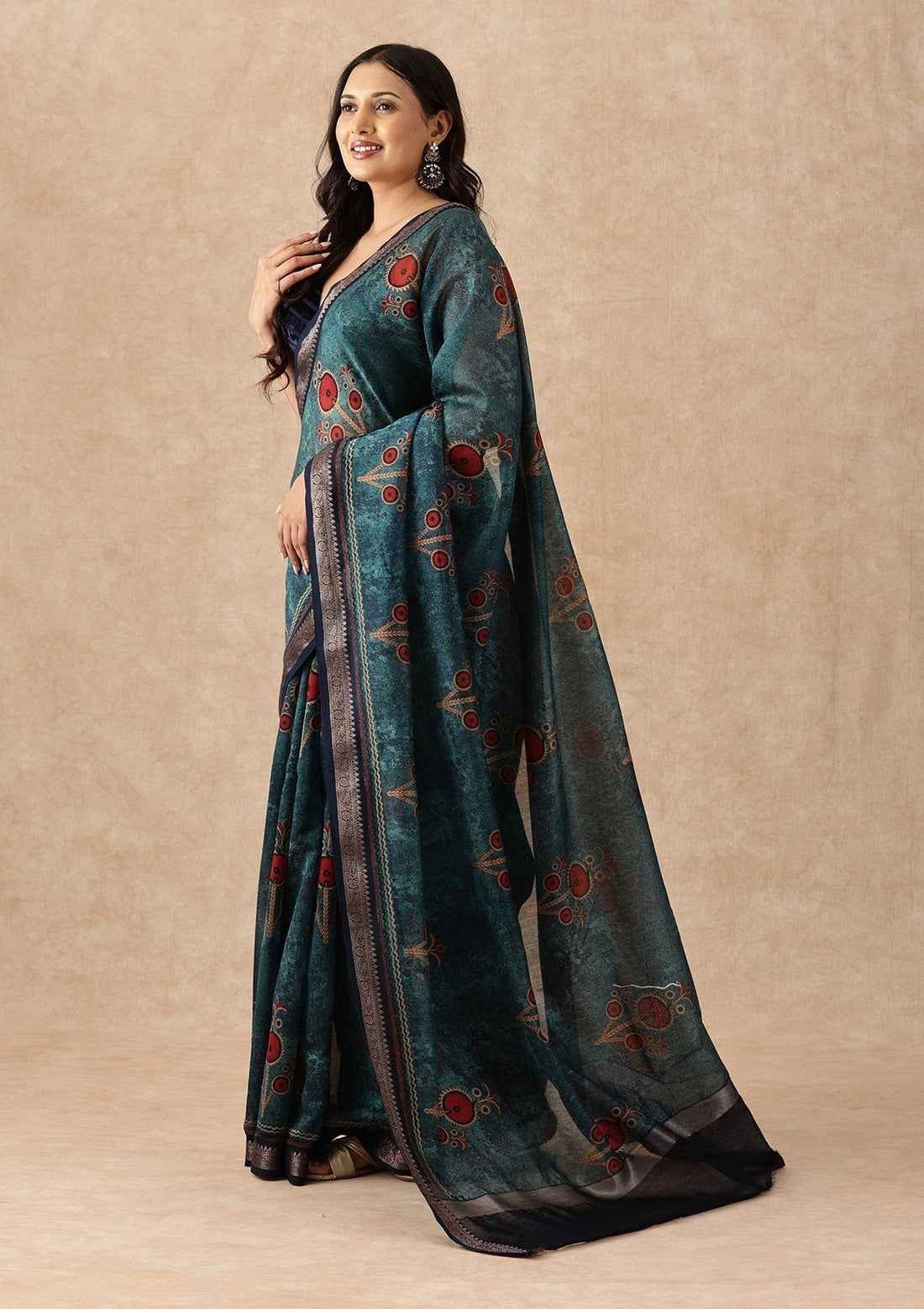 Dusty Blue Contemporary Printed Chanderi Saree