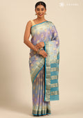 Chromatically Blended Mauve And Blue Paisley Woven Mysore Silk Saree - Taashi