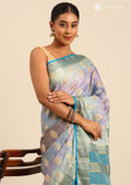 Chromatically Blended Mauve And Blue Paisley Woven Mysore Silk Saree - Taashi