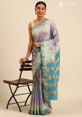 Chromatically Blended Mauve And Blue Paisley Woven Mysore Silk Saree - Taashi
