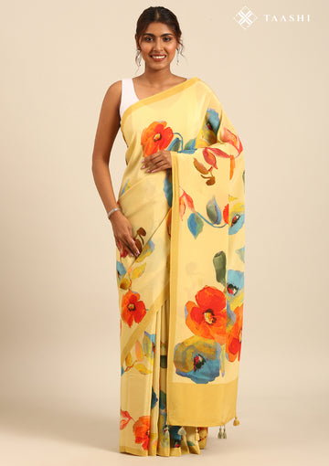 Dusty Yellow Watercolor Floral Printed Crepe Saree