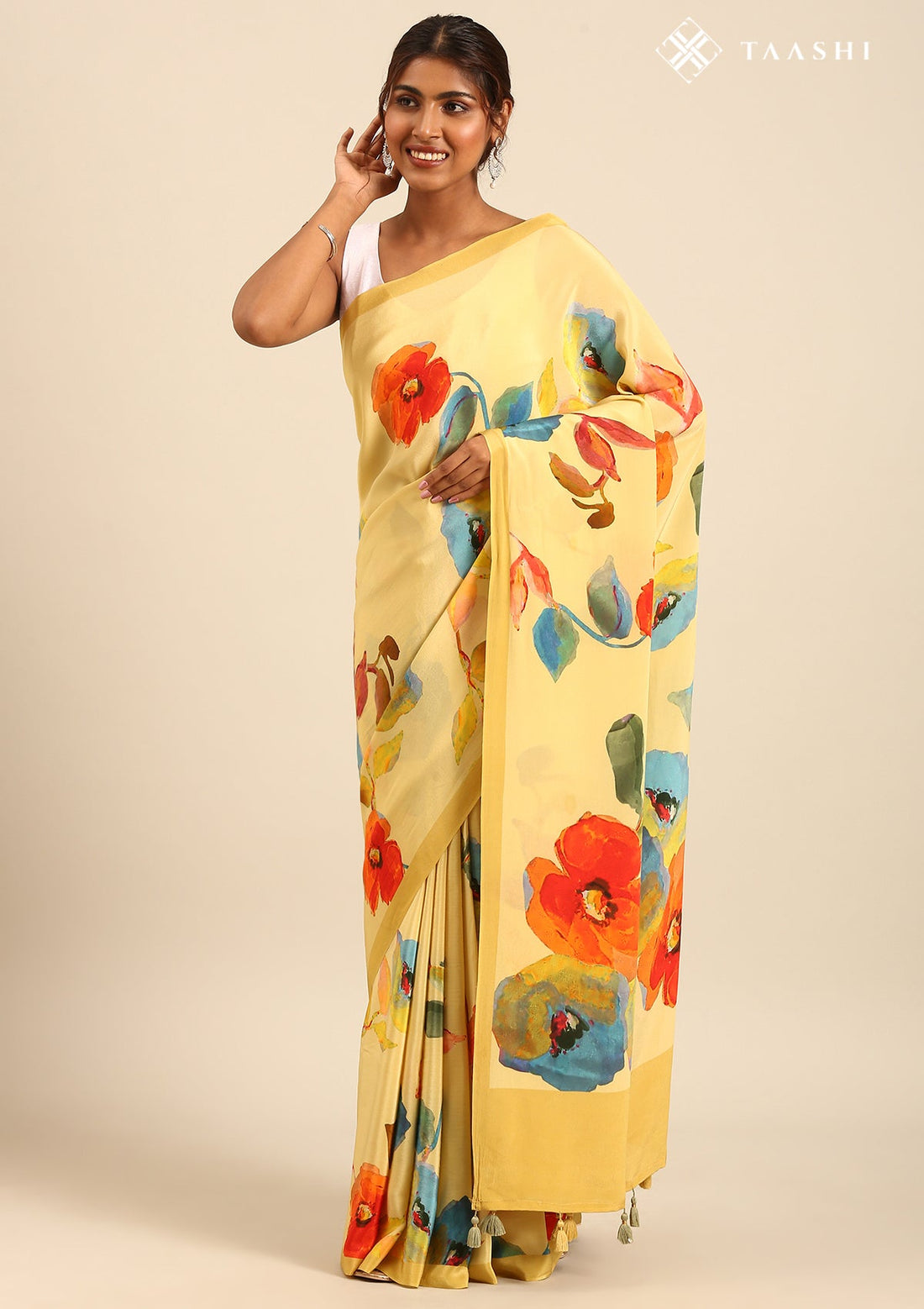Pastel Yellow Pure Crepe Watercolour Floral Print Saree