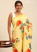 Dusty Yellow Watercolor Floral Printed Crepe Saree - Taashi