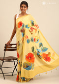 Dusty Yellow Watercolor Floral Printed Crepe Saree - Taashi