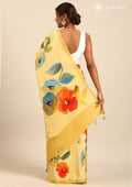 Dusty Yellow Watercolor Floral Printed Crepe Saree - Taashi