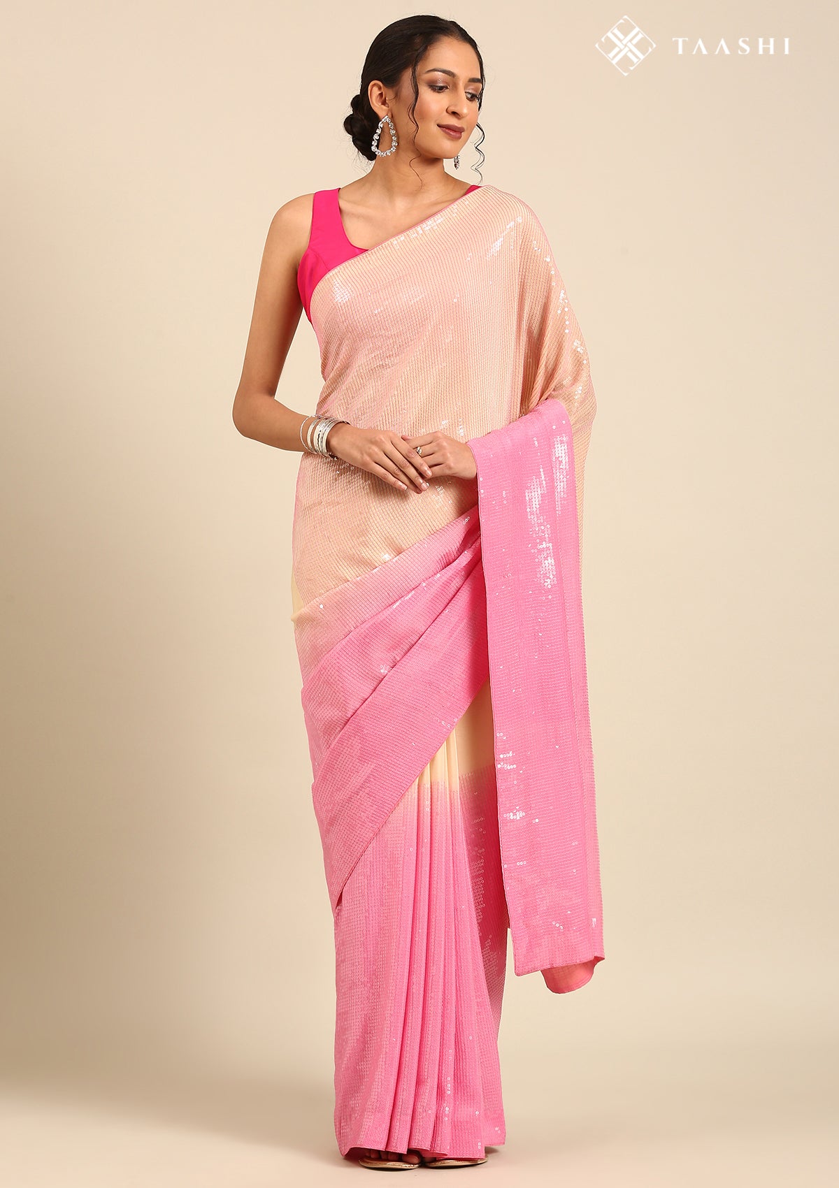Pink And Beige Sequin EmbroideRed Crepe Saree
