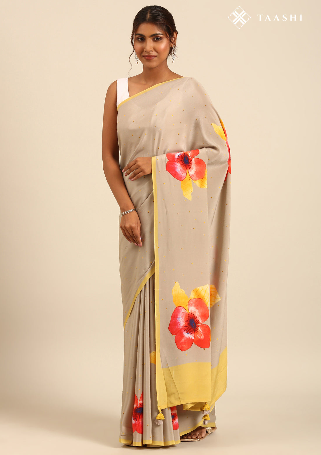 Grey Watercolor Floral Printed Saree