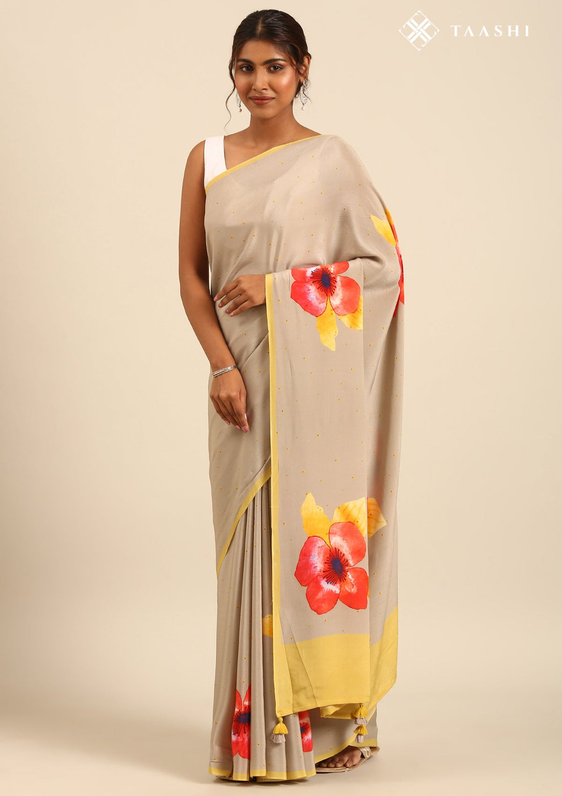 Warm Grey Pure Crepe Watercolour Floral Print Saree