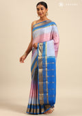 Soft Color Changing Blue And Pink Striped Woven Mysore Silk Saree - Taashi