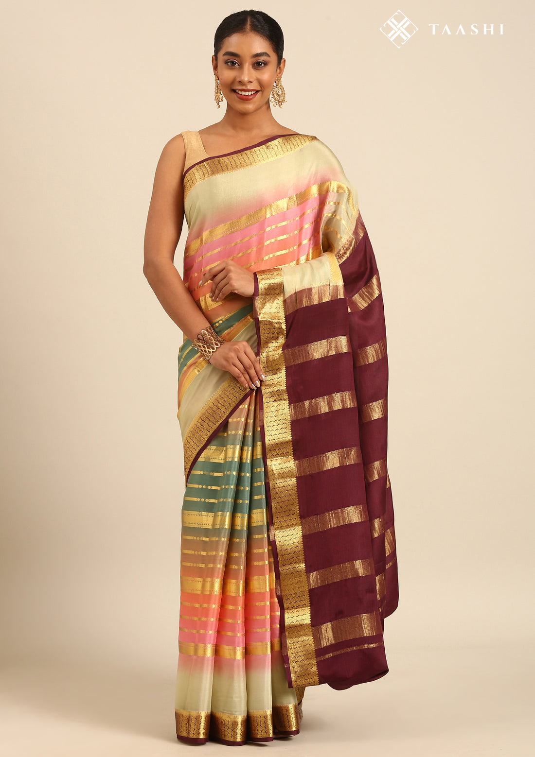 Soft Color Changing Multicolors Striped Woven Mysore Silk Saree