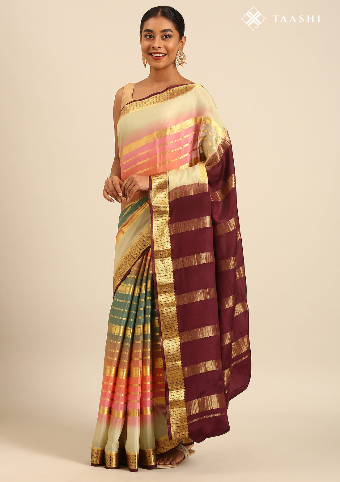 Soft Color Changing Multicolors Striped Woven Mysore Silk Saree