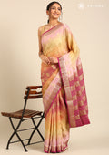 Pink And Yellow Soft Color Changing Jaal Paisley Pattern Mysore Silk Saree - Taashi