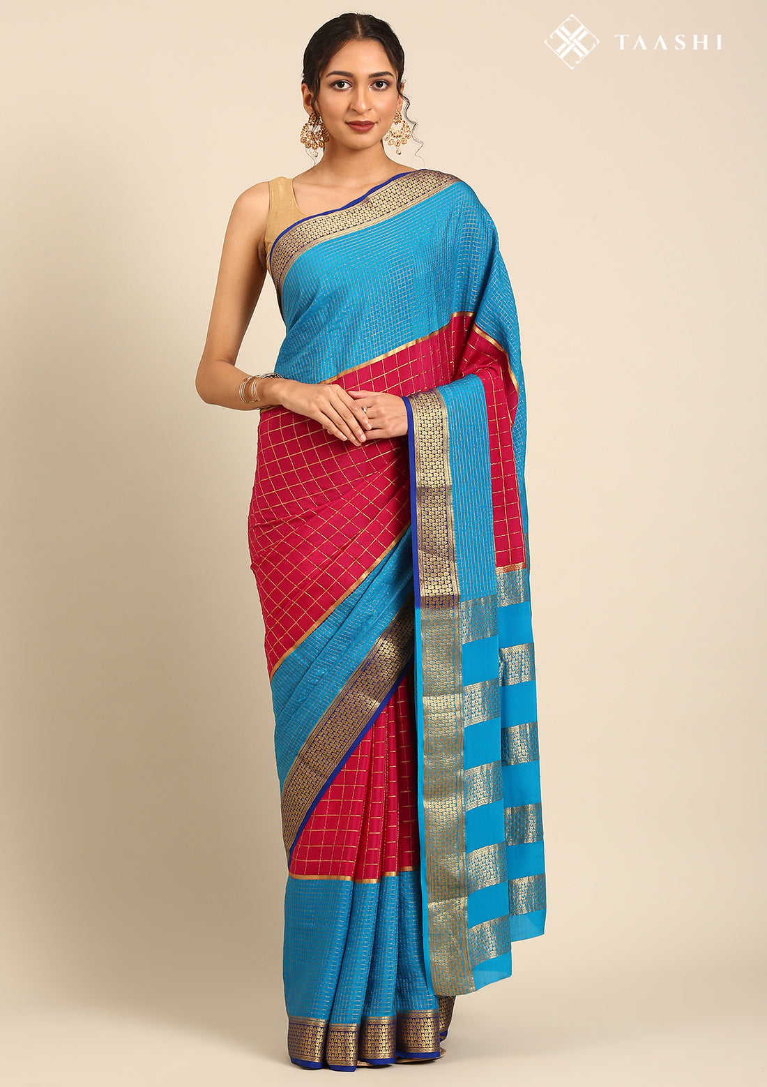 Blue And Pink Check Woven Mysore Silk Saree
