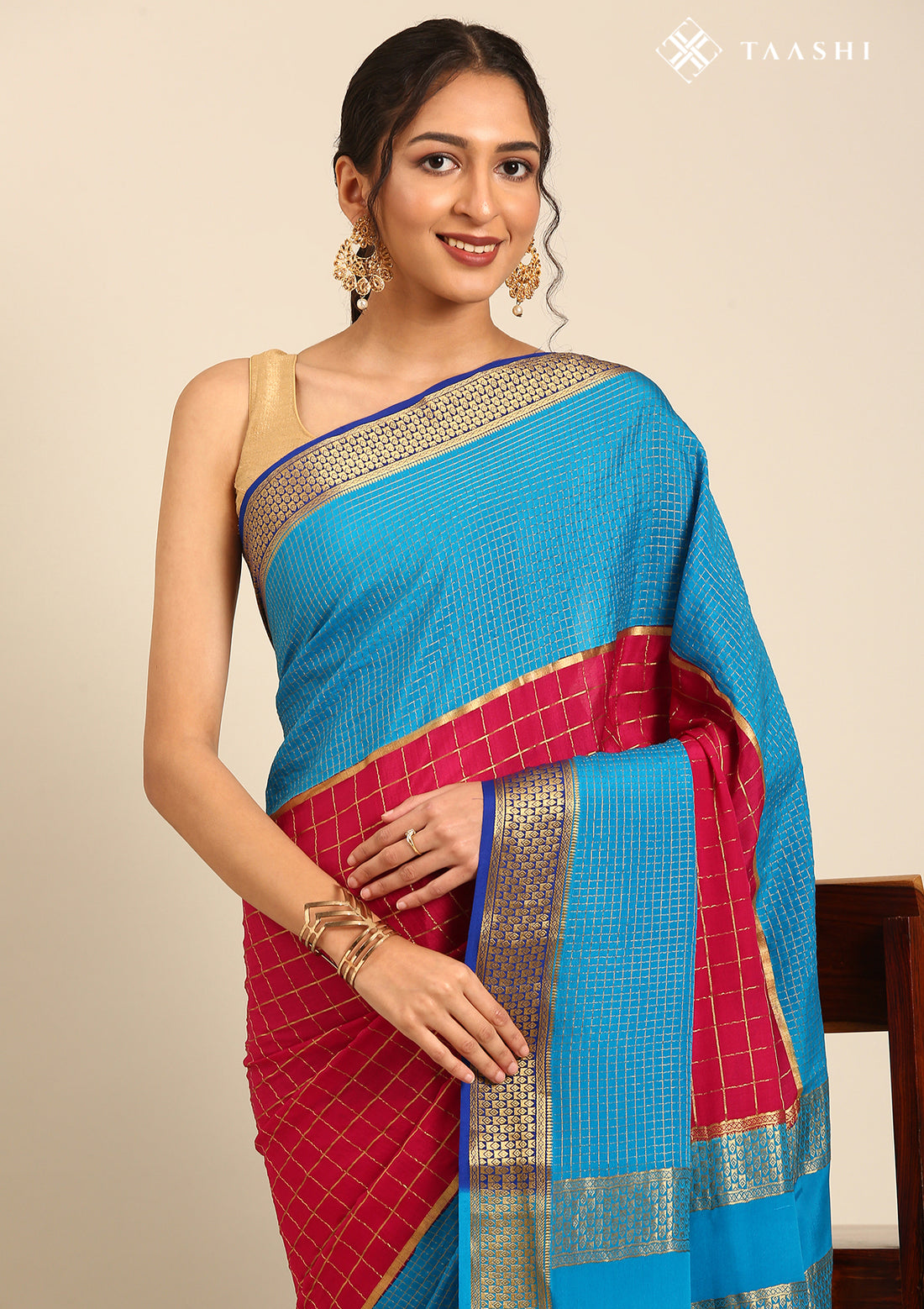 Blue And Pink Check Woven Mysore Silk Saree