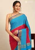 Blue And Pink Check Woven Mysore Silk Saree - Taashi