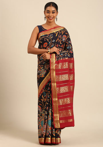 Dark Violet Kalamkari Printed Mysore Crepe Saree