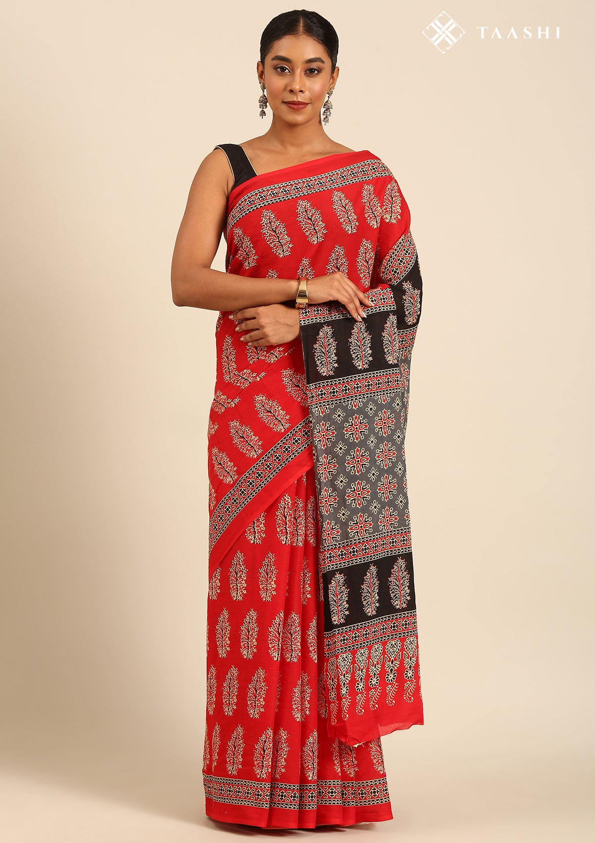 Red And Black Ajrakh Printed Cotton Saree 