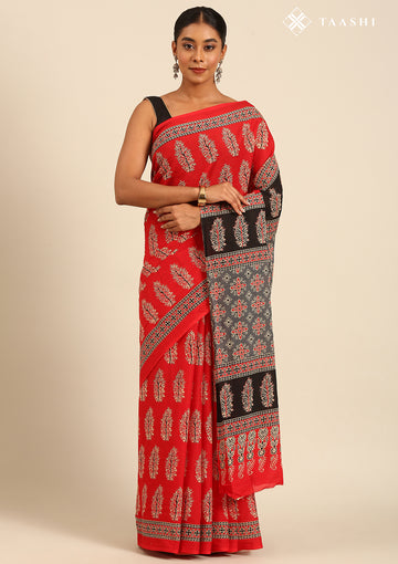 Red And Black Ajrakh Printed Cotton Saree 