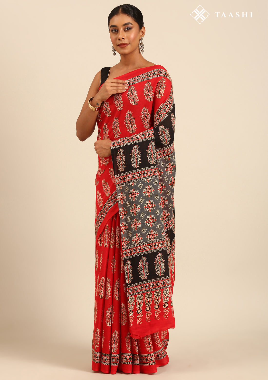 Red And Black Ajrakh Printed Cotton Saree 