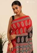 Red And Black Ajrakh Printed Cotton Saree  - Taashi