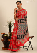 Red And Black Ajrakh Printed Cotton Saree  - Taashi