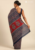 Indigo Block Printed Cotton Saree - Taashi