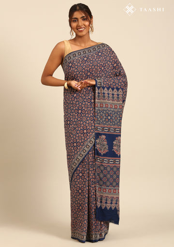 Indigo Block Printed Cotton Saree - Taashi