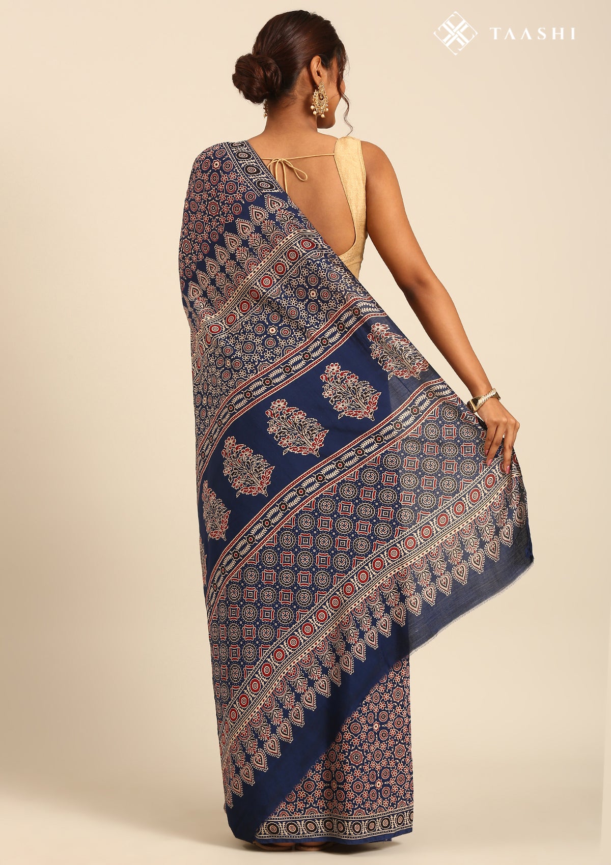 Indigo Block Printed Cotton Saree - Taashi