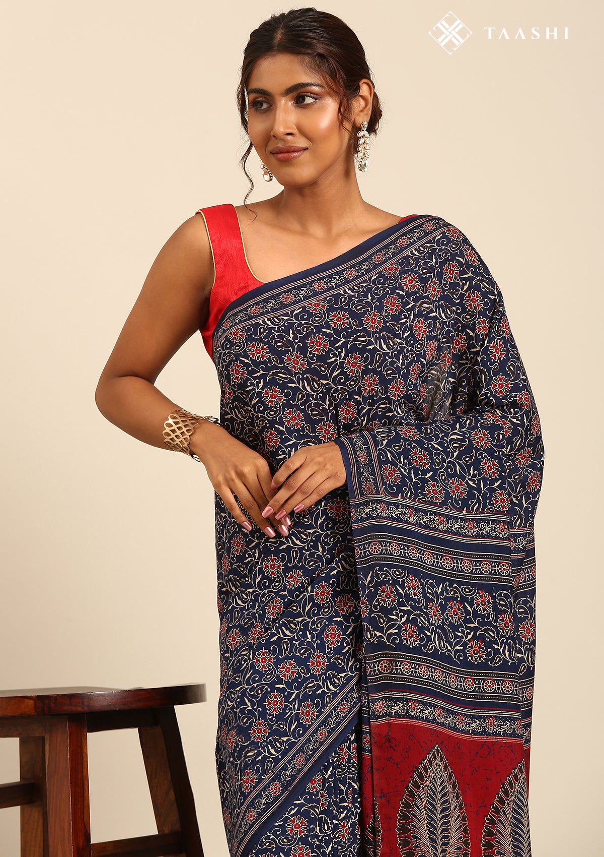 Indigo Block Printed Cotton Saree - Taashi